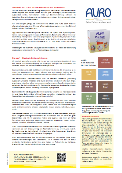 Das Anti-Schimmel-Infoblatt von AURO beschreibt, wie Sie Schimmel in Ihrer Wohnung wirklungsvoll beseitigen können