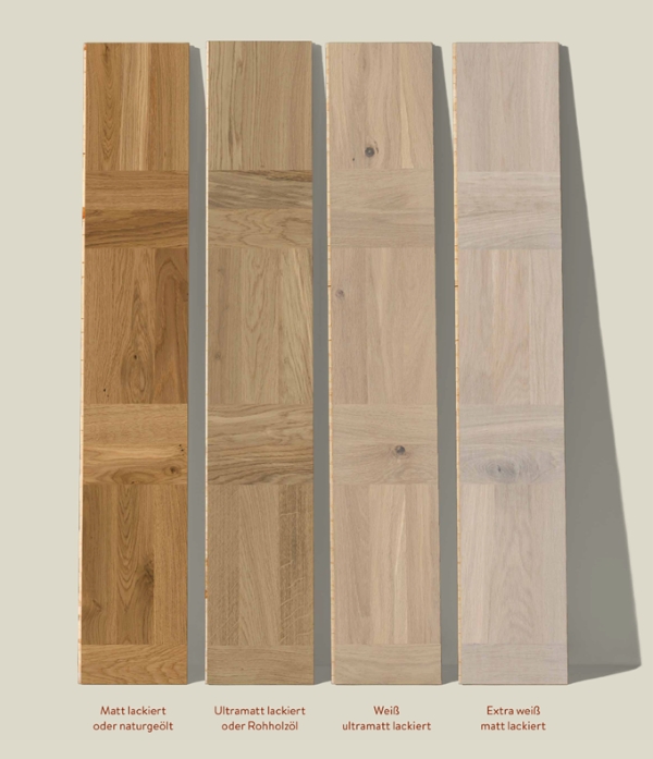 Vier Parkettmuster zeigen die sechs verschiedenen Oberflächen-Varianten  